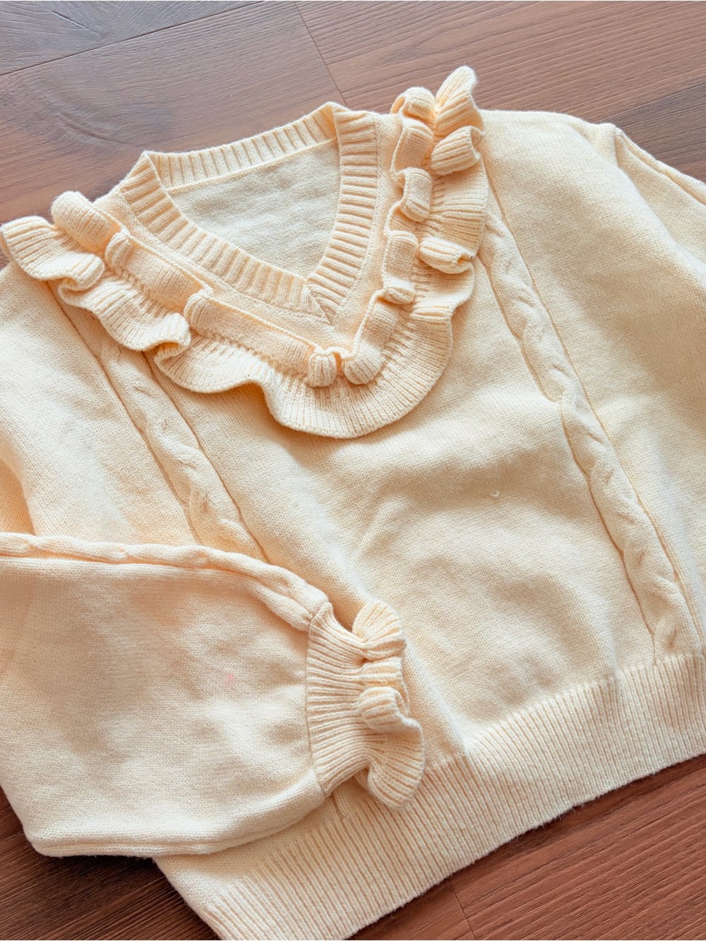 Soft Knit Ruffle V-Neck Sweater - Cream Anime Boho